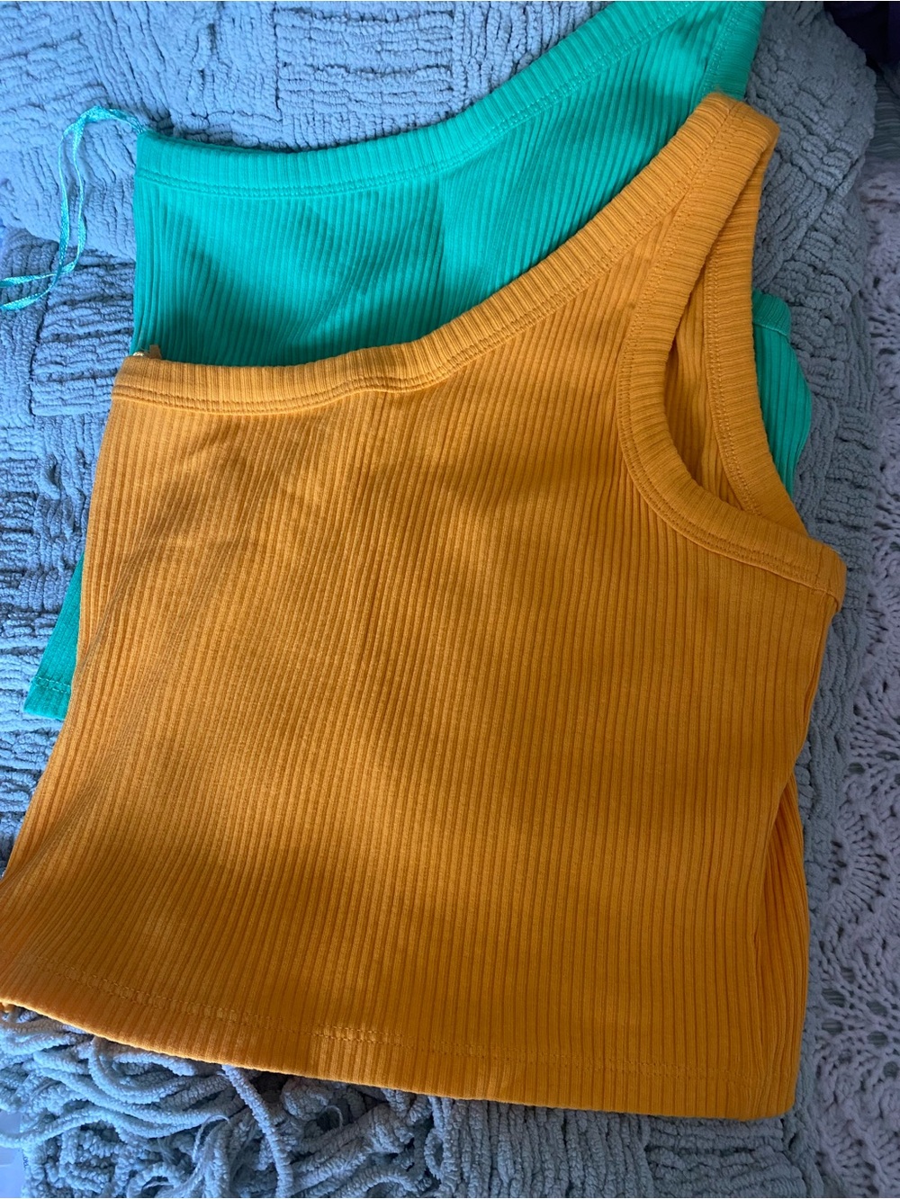 Zara Ribbed One-Shoulder Tank Top in Mustard and Green